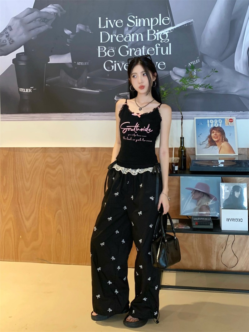 Women's Two-Piece Set High-Waist Wide-Leg Pants and Letter Print Cami Top