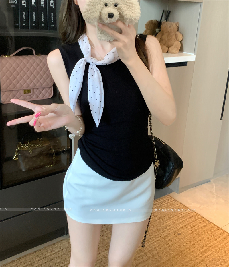 Women's Summer Two-Piece Set Sleeveless Black Vest and White Skirt - Image 2