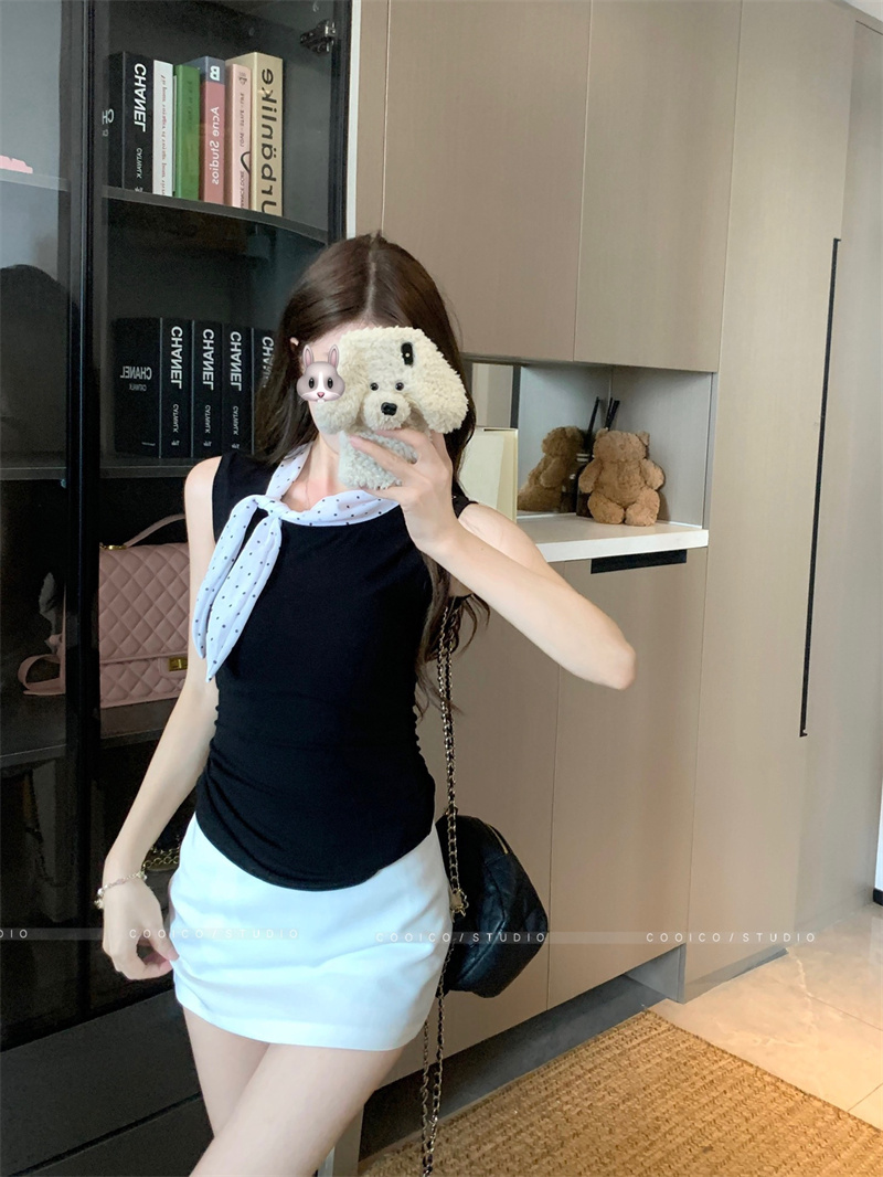 Women's Summer Two-Piece Set Sleeveless Black Vest and White Skirt - Image 3