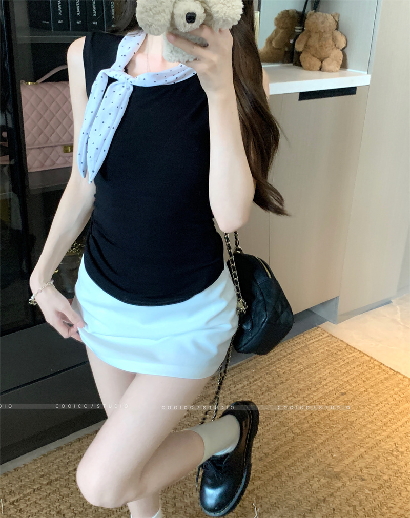 Women's Summer Two-Piece Set Sleeveless Black Vest and White Skirt - Image 4