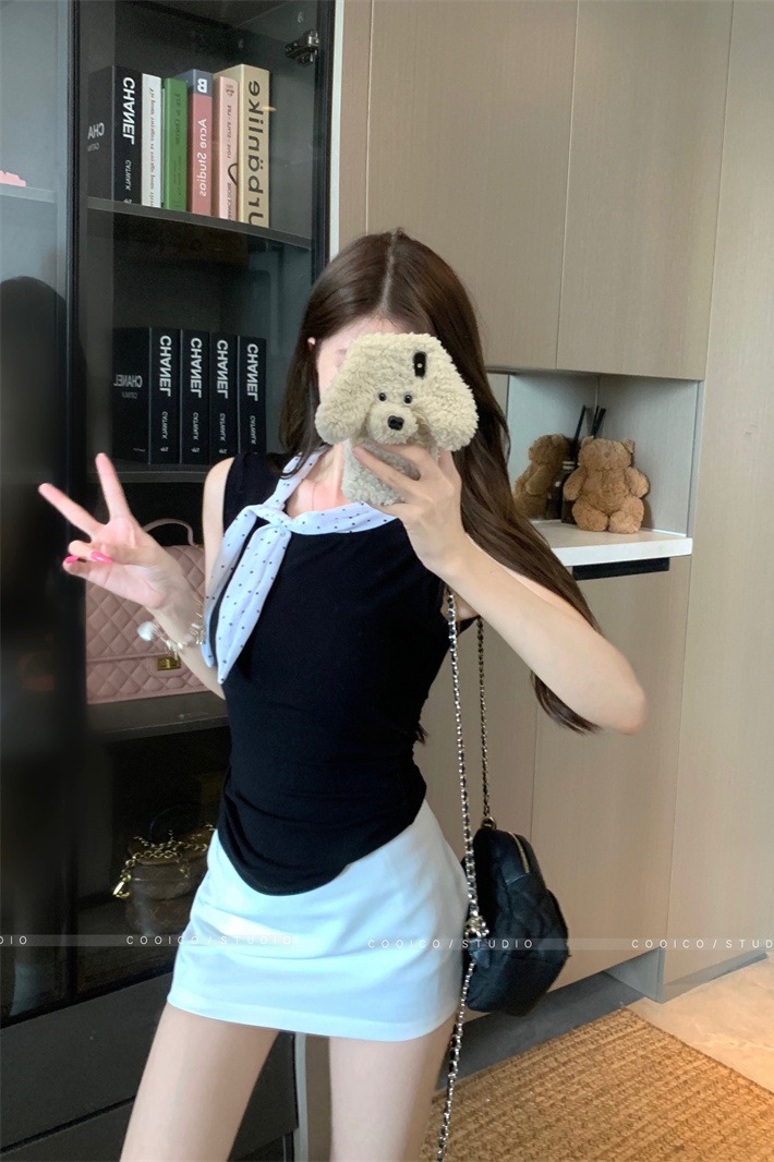 Women's Summer Two-Piece Set Sleeveless Black Vest and White Skirt - Image 5