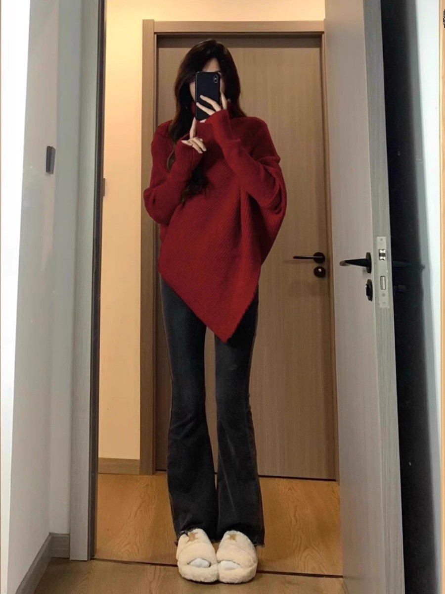 2026 Fall Winter Soft Lazy Style Irregular Design High Neck Sweater Women Loose Niche Knit Top - Image 3