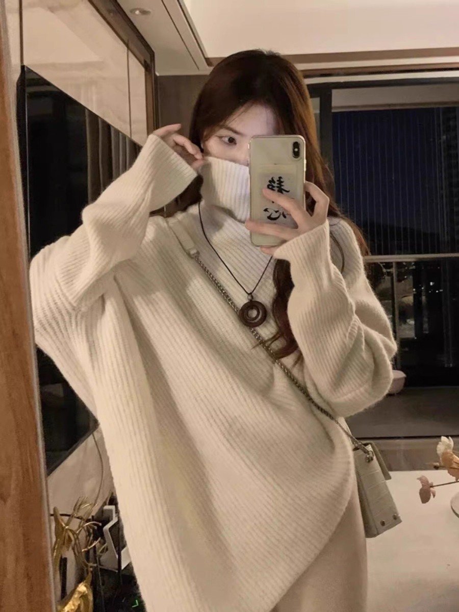 2026 Fall Winter Soft Lazy Style Irregular Design High Neck Sweater Women Loose Niche Knit Top