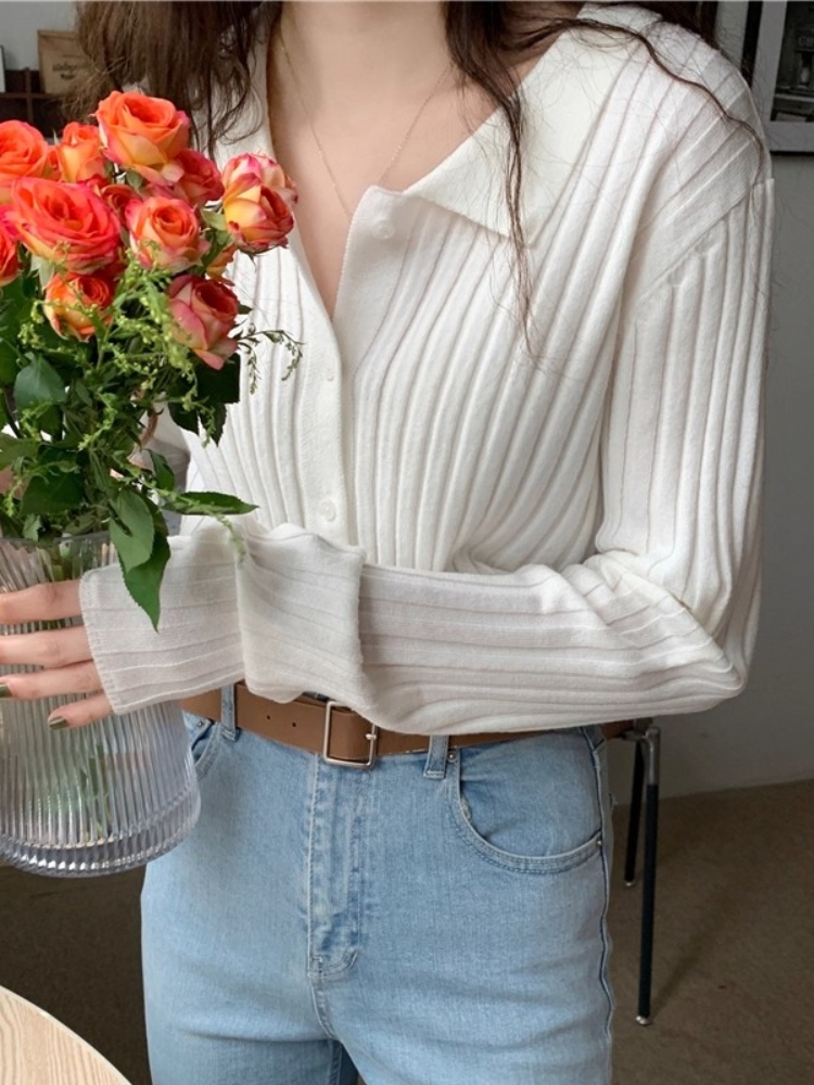Women's French Polo Collar Ribbed Knit Cardigan Retro Soft Long Sleeve Slim Fit Top