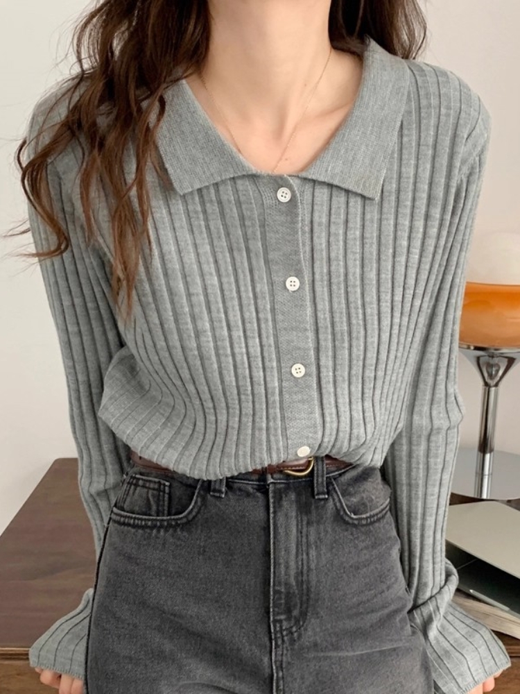 Women's French Polo Collar Ribbed Knit Cardigan Retro Soft Long Sleeve Slim Fit Top - Image 2