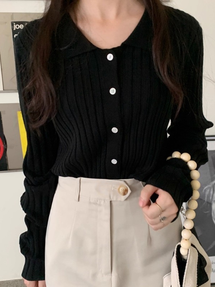 Women's French Polo Collar Ribbed Knit Cardigan Retro Soft Long Sleeve Slim Fit Top - Image 3