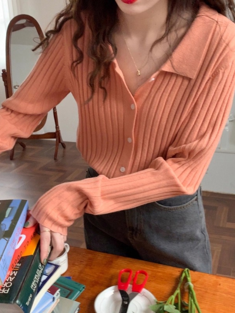 Women's French Polo Collar Ribbed Knit Cardigan Retro Soft Long Sleeve Slim Fit Top - Image 4