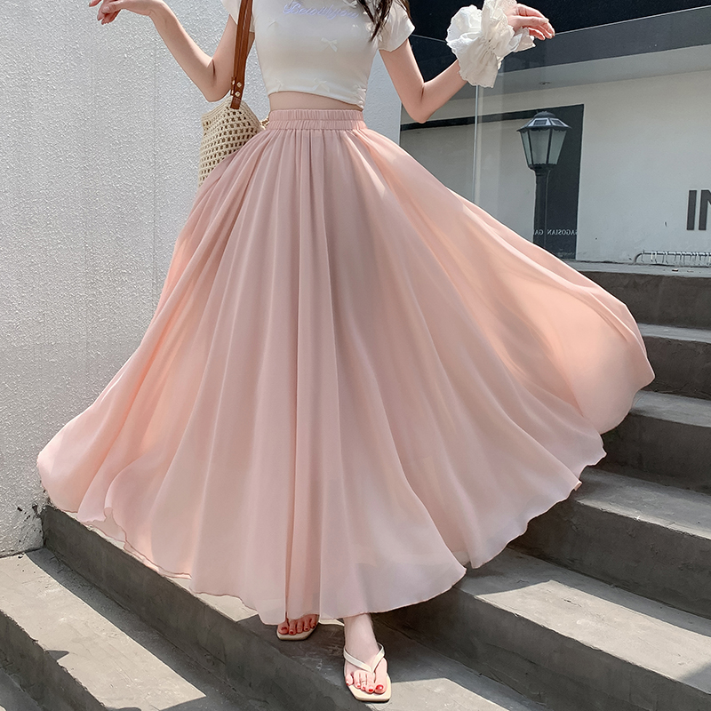 2026 Spring Summer Chiffon Pleated Maxi Skirt Slimming Beach Vacation Bohemian Women's Skirt - Style 3df055