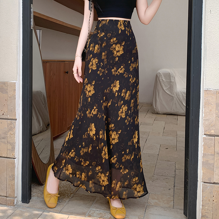 2026 Floral Midi Skirt Spring Summer Vacation Sweet Slimming Versatile Petite Chiffon Print Fishtail Skirt