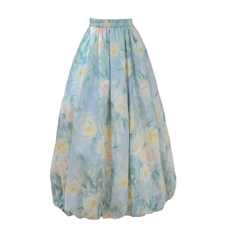 French Floral Bubble Skirt High Waist Long Polka Dot Lantern Skirt Slimming Hip Covering Puffy Skirt - Image 5