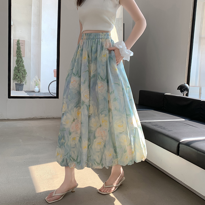 French Floral Bubble Skirt High Waist Long Polka Dot Lantern Skirt Slimming Hip Covering Puffy Skirt