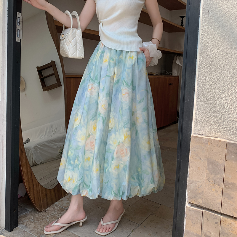French Floral Bubble Skirt High Waist Long Polka Dot Lantern Skirt Slimming Hip Covering Puffy Skirt - Image 4