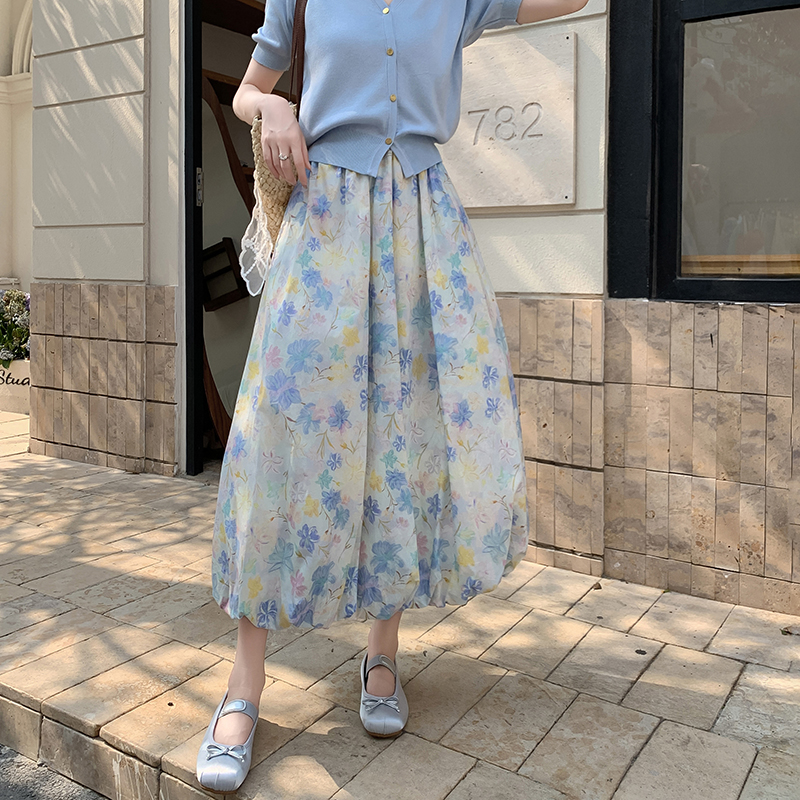 French Floral Bubble Skirt High Waist Long Polka Dot Lantern Skirt Slimming Hip Covering Puffy Skirt - Image 3