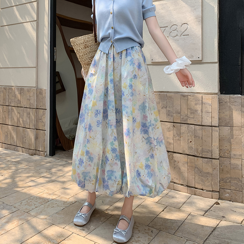 French Floral Bubble Skirt High Waist Long Polka Dot Lantern Skirt Slimming Hip Covering Puffy Skirt - Image 2