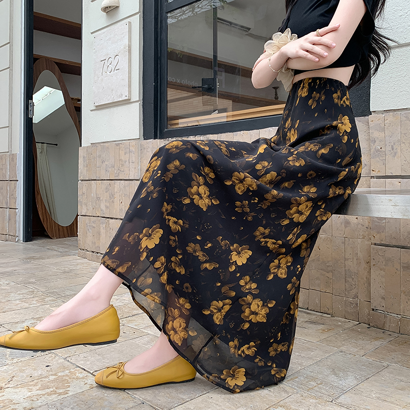 2026 Floral Midi Skirt Spring Summer Vacation Sweet Slimming Versatile Petite Chiffon Print Fishtail Skirt - Image 3