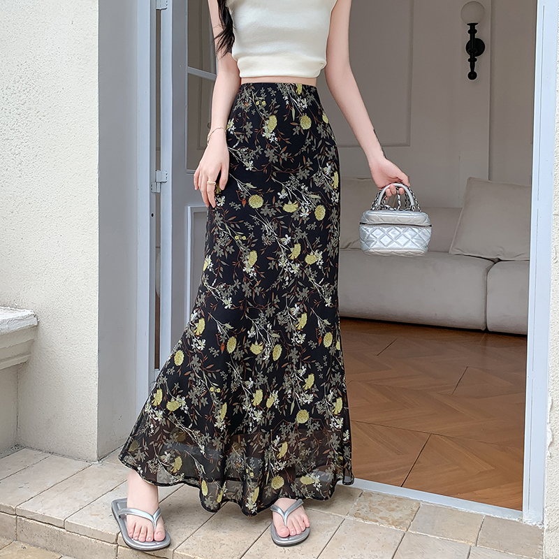 2026 Korean Floral Chiffon Mermaid Skirt for Women Slim Fit High Waist