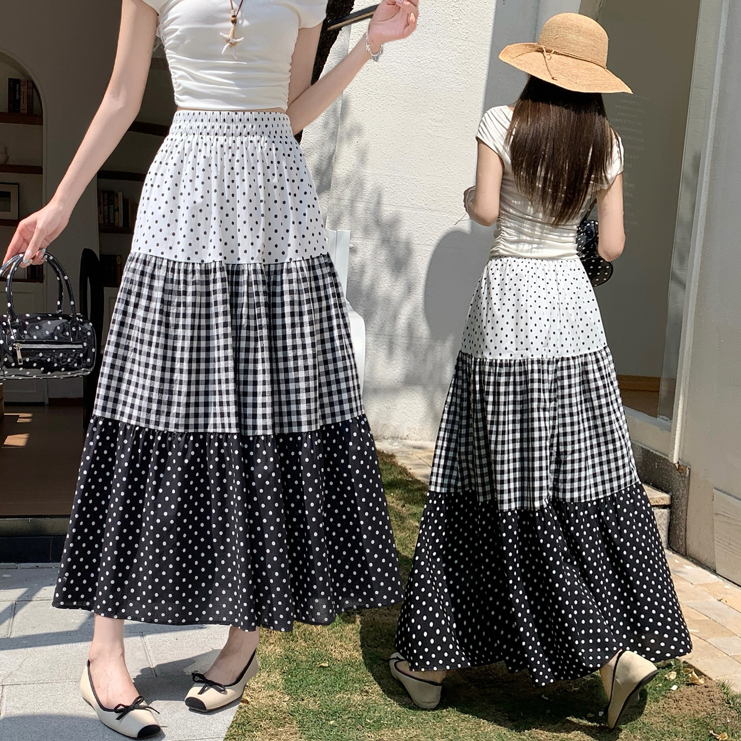 Korean Polka Dot Plaid Spliced A-Line Tiered Midi Skirt for Women 2026 Spring New Minimalist - Image 2