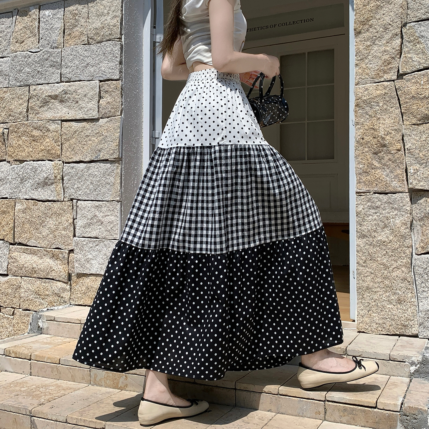 Korean Polka Dot Plaid Spliced A-Line Tiered Midi Skirt for Women 2026 Spring New Minimalist - Image 3