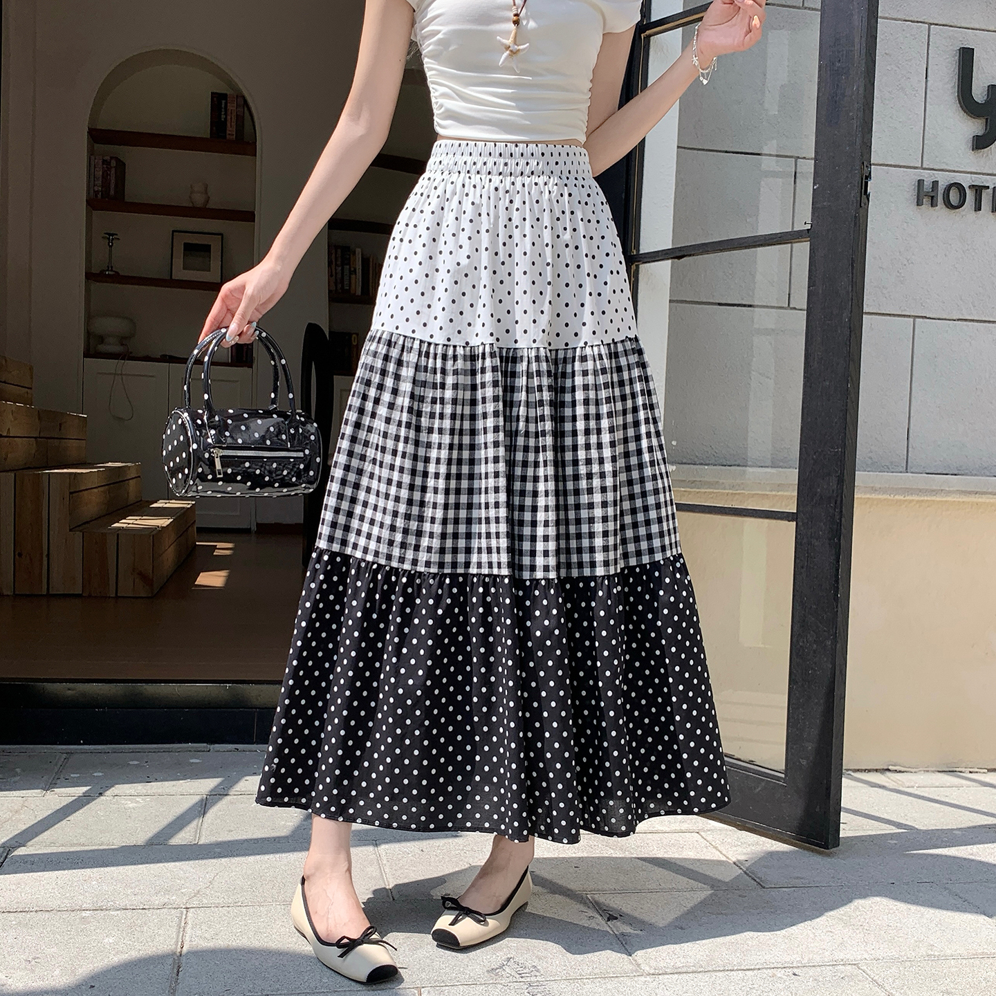 Korean Polka Dot Plaid Spliced A-Line Tiered Midi Skirt for Women 2026 Spring New Minimalist - Image 4