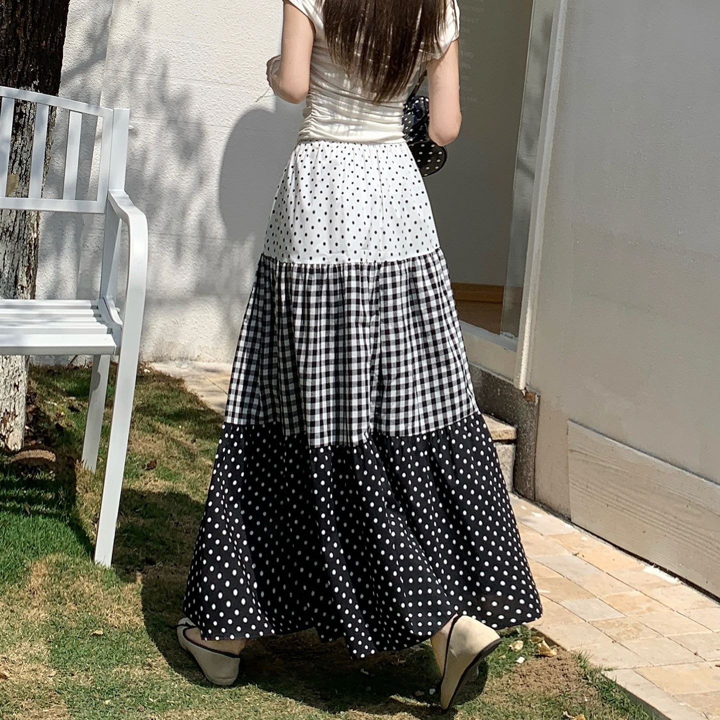 Korean Polka Dot Plaid Spliced A-Line Tiered Midi Skirt for Women 2026 Spring New Minimalist
