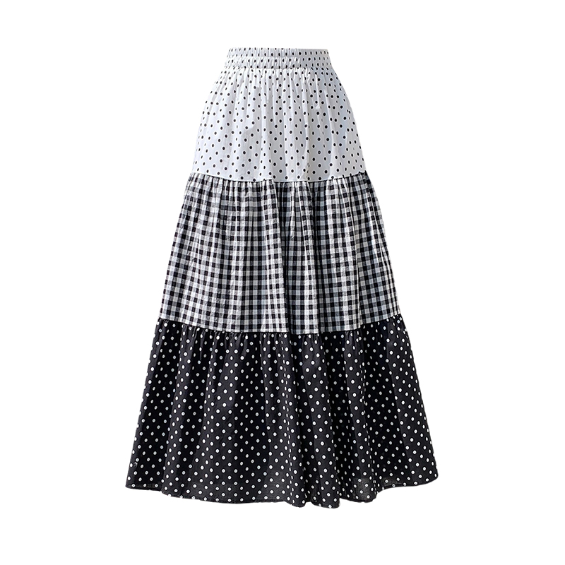 Korean Polka Dot Plaid Spliced A-Line Tiered Midi Skirt for Women 2026 Spring New Minimalist - Image 5