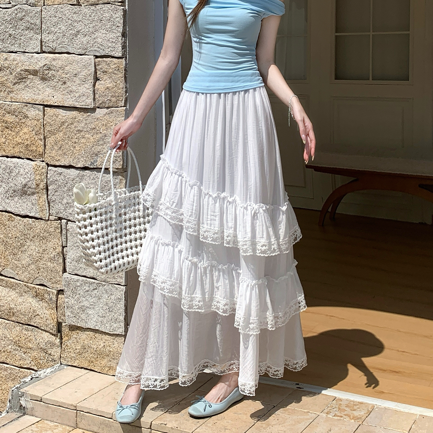 Women's Asymmetric Layered Cake Skirt 2026 Spring French Style White Long Skirt