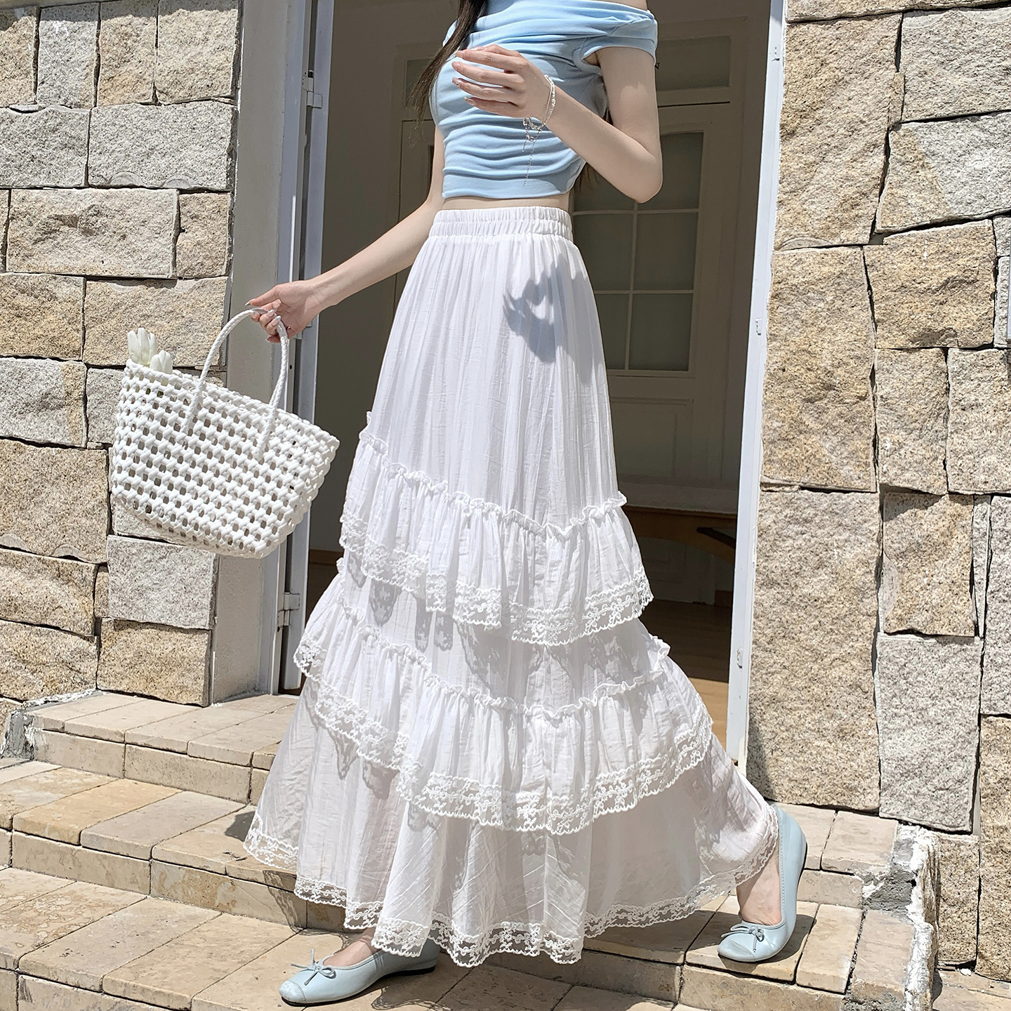 Women's Asymmetric Layered Cake Skirt 2026 Spring French Style White Long Skirt - Image 3