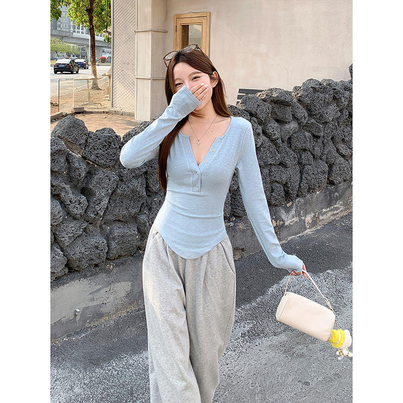 American Retro V-Neck Long Sleeve T-Shirt for Women 2026 Spring Rhinestone Slim Fit Base Layer Top - Image 4