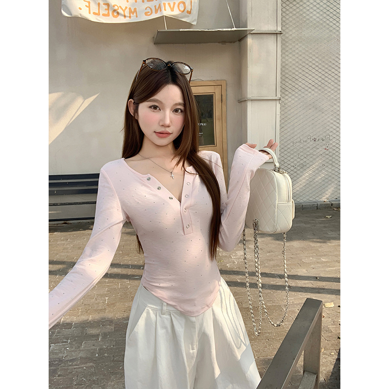 American Retro V-Neck Long Sleeve T-Shirt for Women 2026 Spring Rhinestone Slim Fit Base Layer Top