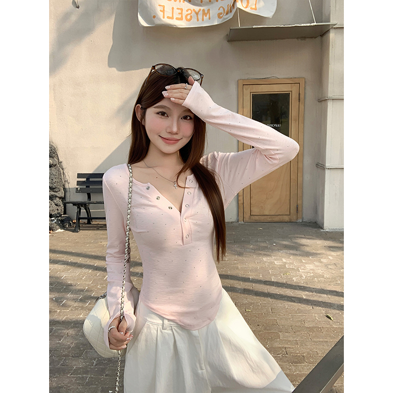 American Retro V-Neck Long Sleeve T-Shirt for Women 2026 Spring Rhinestone Slim Fit Base Layer Top - Image 2