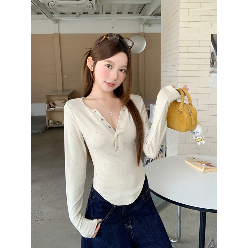 American Retro V-Neck Long Sleeve T-Shirt for Women 2026 Spring Rhinestone Slim Fit Base Layer Top - Image 5
