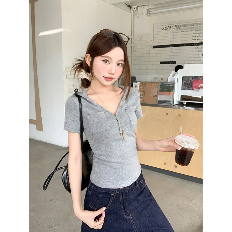 White Hooded V-Neck Short Sleeve T-Shirt for Women 2026 Summer Slim Fit - Image 3