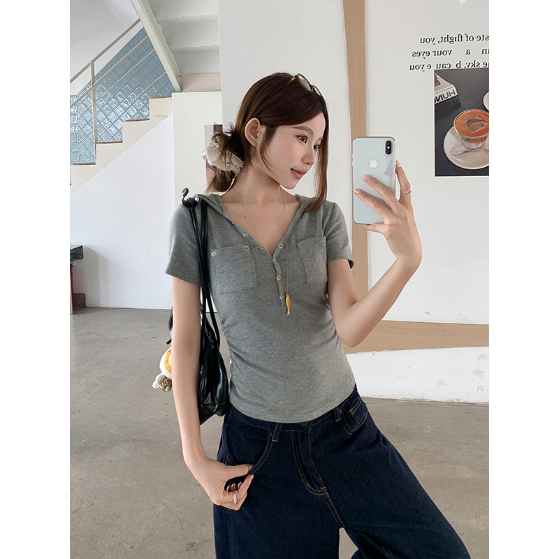 White Hooded V-Neck Short Sleeve T-Shirt for Women 2026 Summer Slim Fit - Image 4
