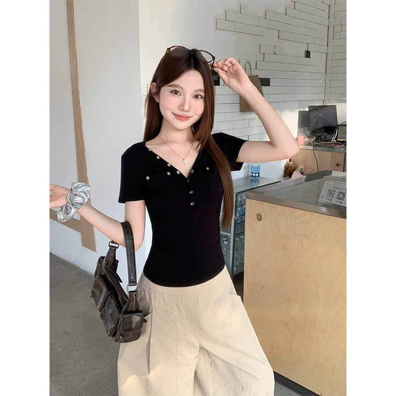 White Hooded V-Neck Short Sleeve T-Shirt for Women 2026 Summer Slim Fit - Image 5