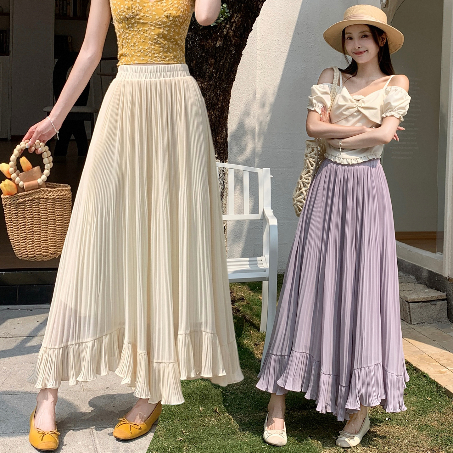 Women Summer 2026 Chiffon Pleated A-Line Long Skirt with Ruffle Detail - Image 2