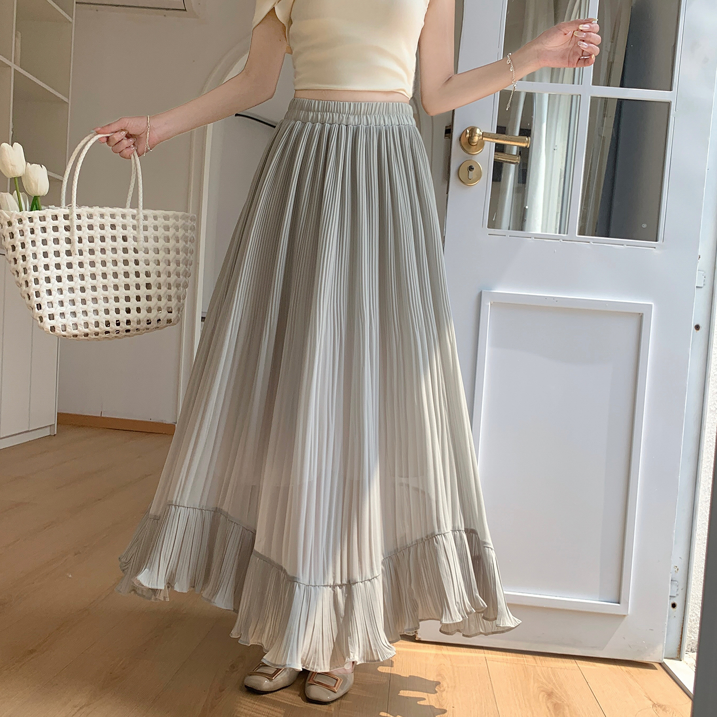 Women Summer 2026 Chiffon Pleated A-Line Long Skirt with Ruffle Detail - Image 3