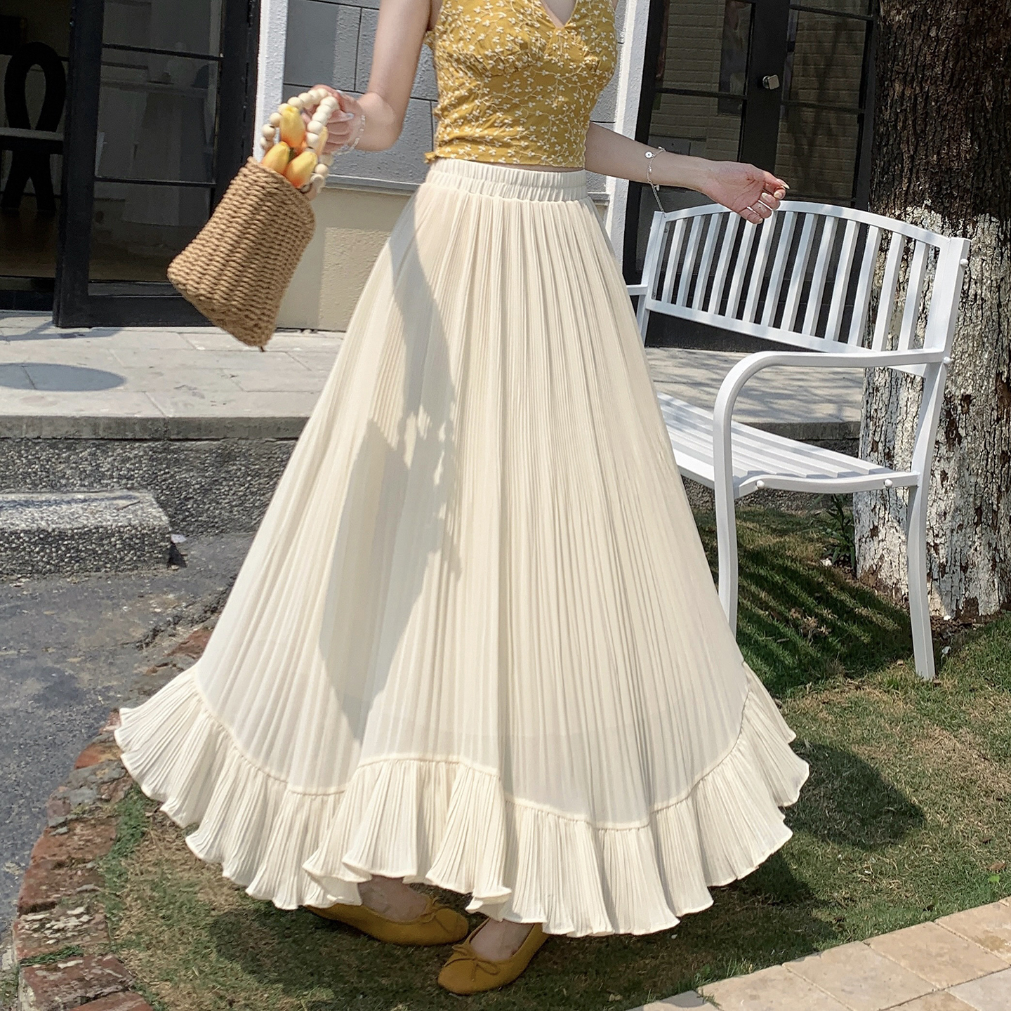 Women Summer 2026 Chiffon Pleated A-Line Long Skirt with Ruffle Detail - Image 4