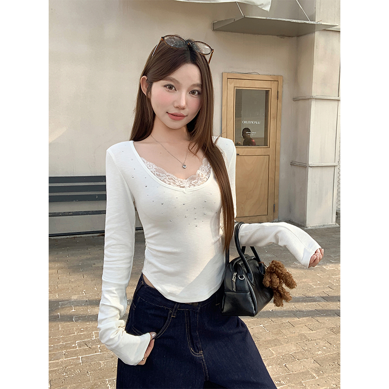 Women's Lace Panel V-Neck Long Sleeve T-Shirt with Rhinestones Spring 2026 - Image 2