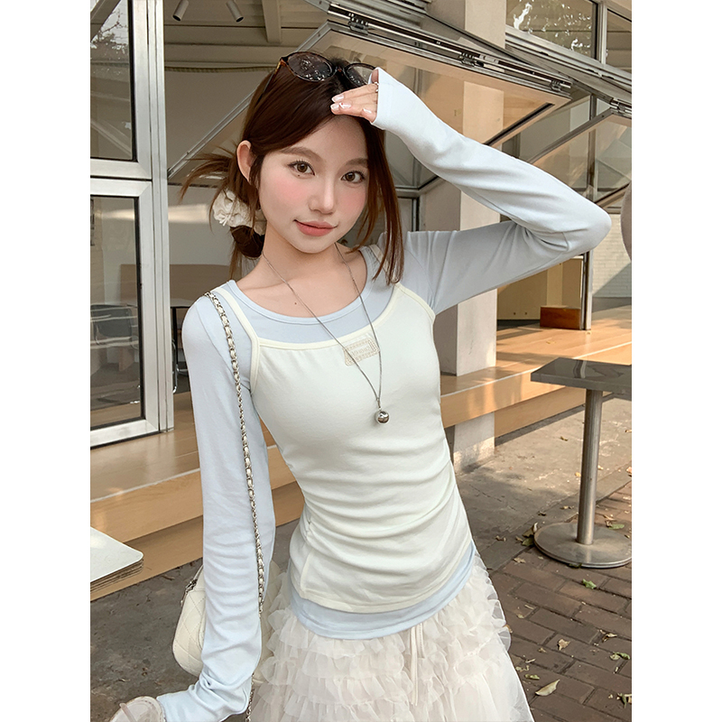 Sweet Layered Korean Cami Long Sleeve T-Shirt Women 2026 Early Spring Color Block Slim Two-Piece Top - Image 2