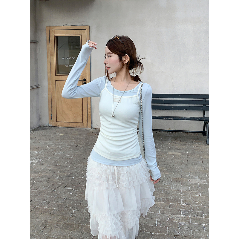 Sweet Layered Korean Cami Long Sleeve T-Shirt Women 2026 Early Spring Color Block Slim Two-Piece Top - Image 3