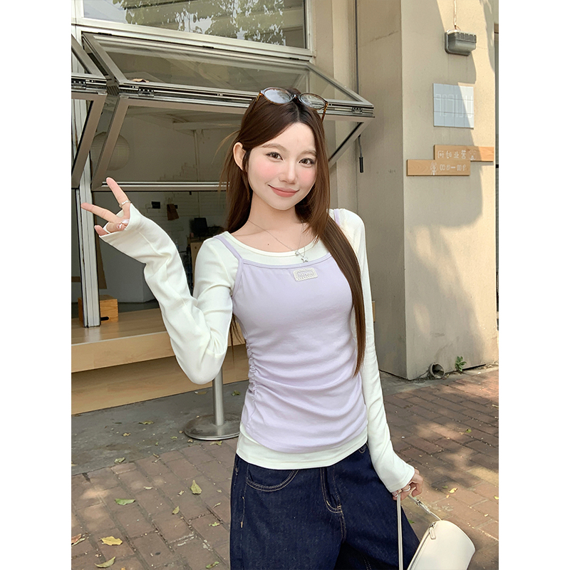 Sweet Layered Korean Cami Long Sleeve T-Shirt Women 2026 Early Spring Color Block Slim Two-Piece Top