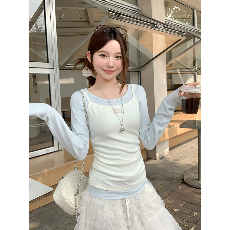 Sweet Layered Korean Cami Long Sleeve T-Shirt Women 2026 Early Spring Color Block Slim Two-Piece Top - Image 4