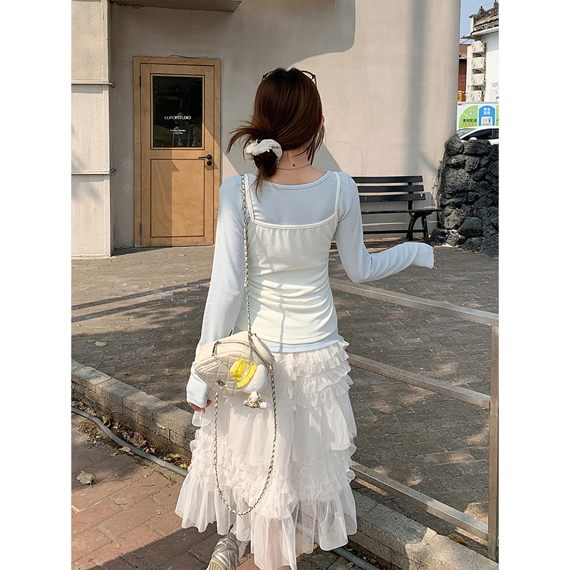 Sweet Layered Korean Cami Long Sleeve T-Shirt Women 2026 Early Spring Color Block Slim Two-Piece Top - Image 5