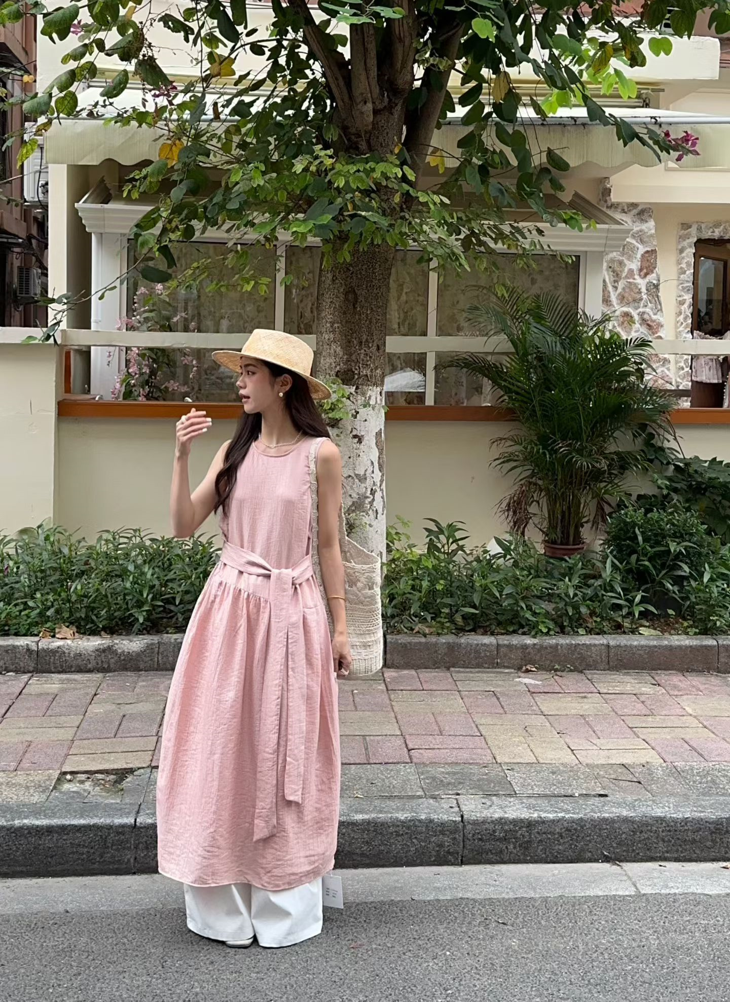 Sweet Sleeveless Round Neck A-Line Midi Dress with Side Waist Tie - Style d07a05