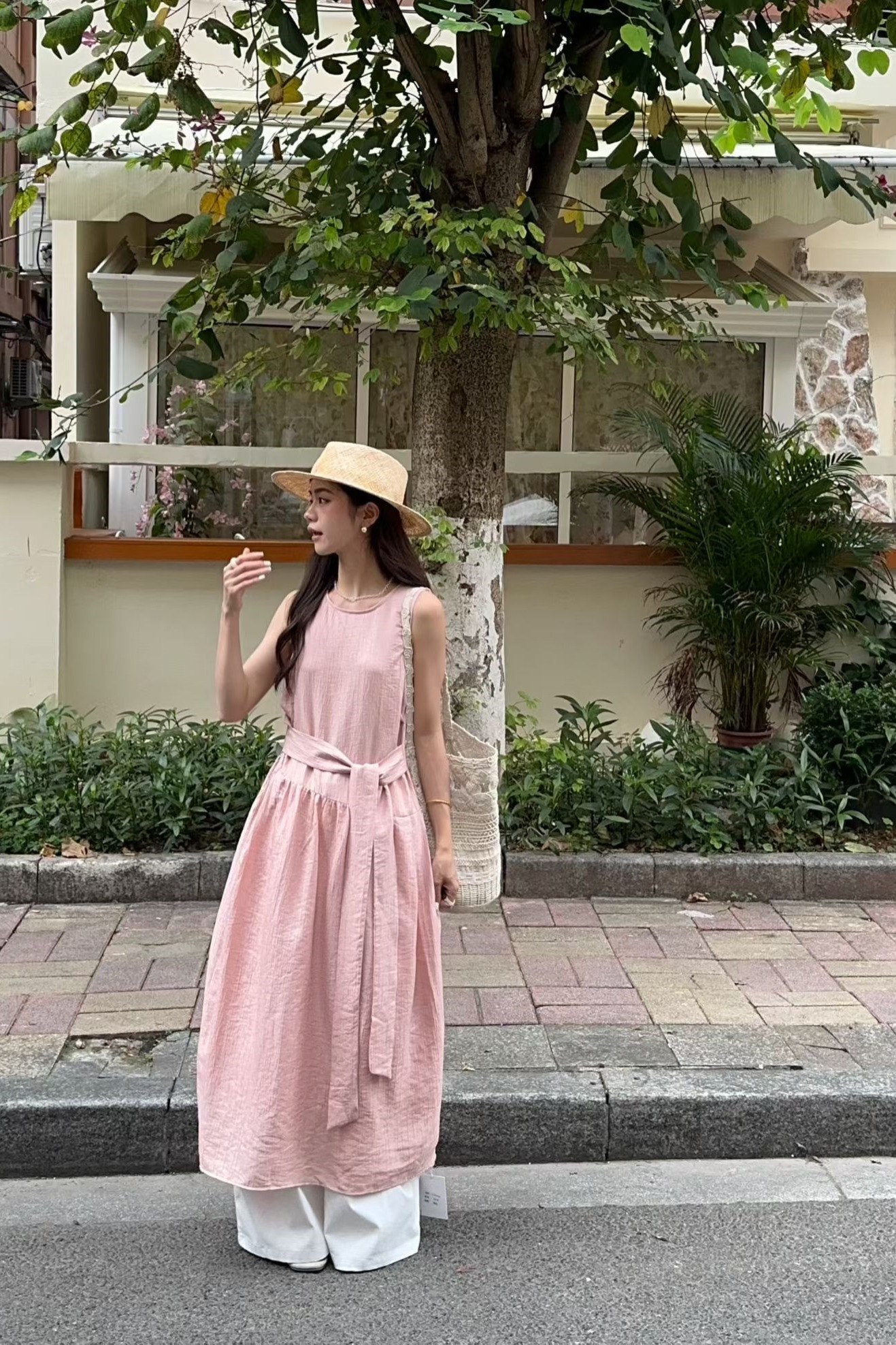 Sweet Sleeveless Round Neck A-Line Midi Dress with Side Waist Tie - Style d07a05 - Image 5