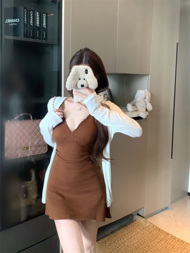 Women's Ribbed V-Neck Dress and Cardigan Two-Piece Set - Image 3