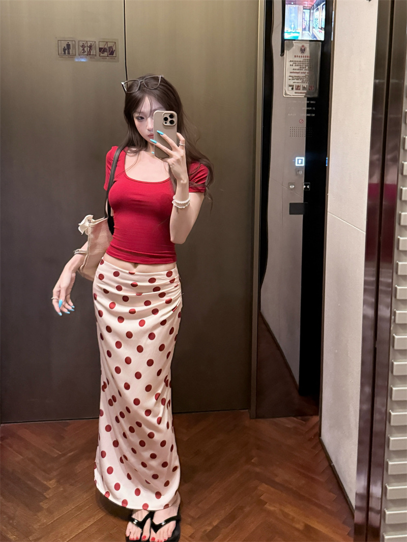 Women's Summer Retro Polka Dot Short Sleeve Top and Skirt Two-Piece Set