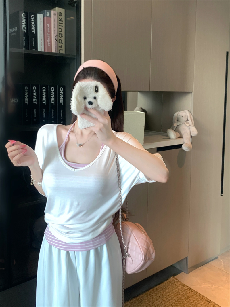Korean Style Striped Halter Vest and V-Neck T-Shirt Two-Piece Set for Women Summer Thin Cotton