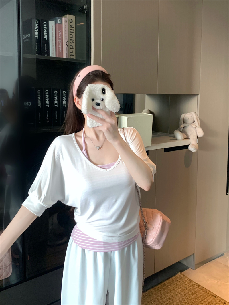 Korean Style Striped Halter Vest and V-Neck T-Shirt Two-Piece Set for Women Summer Thin Cotton - Image 4