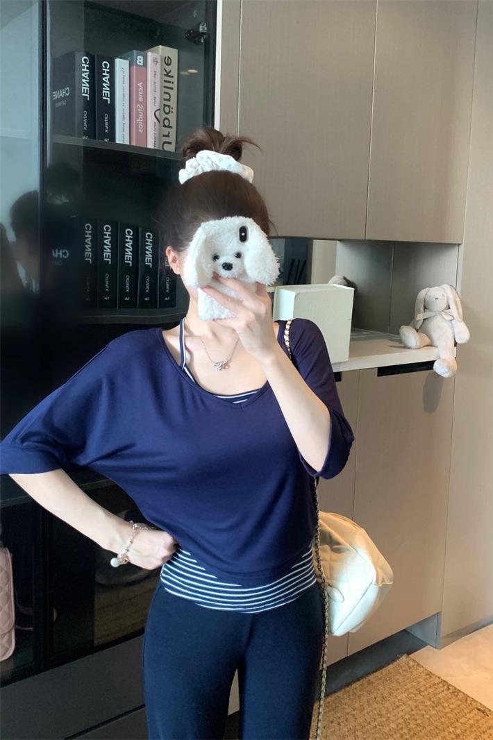 Korean Style Striped Halter Vest and V-Neck T-Shirt Two-Piece Set for Women Summer Thin Cotton - Image 5